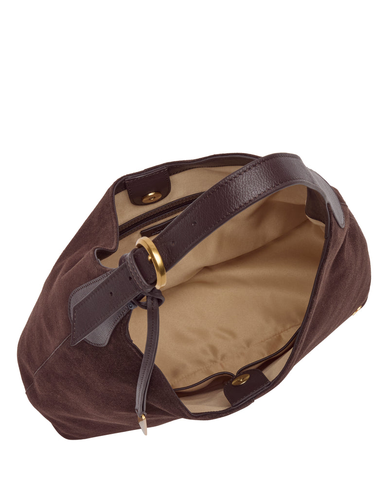 Sophisticated Vince Camuto Aylla Hobo bag in dark brown with a single shoulder strap, gold-tone metal hardware, and a tan interior lining.