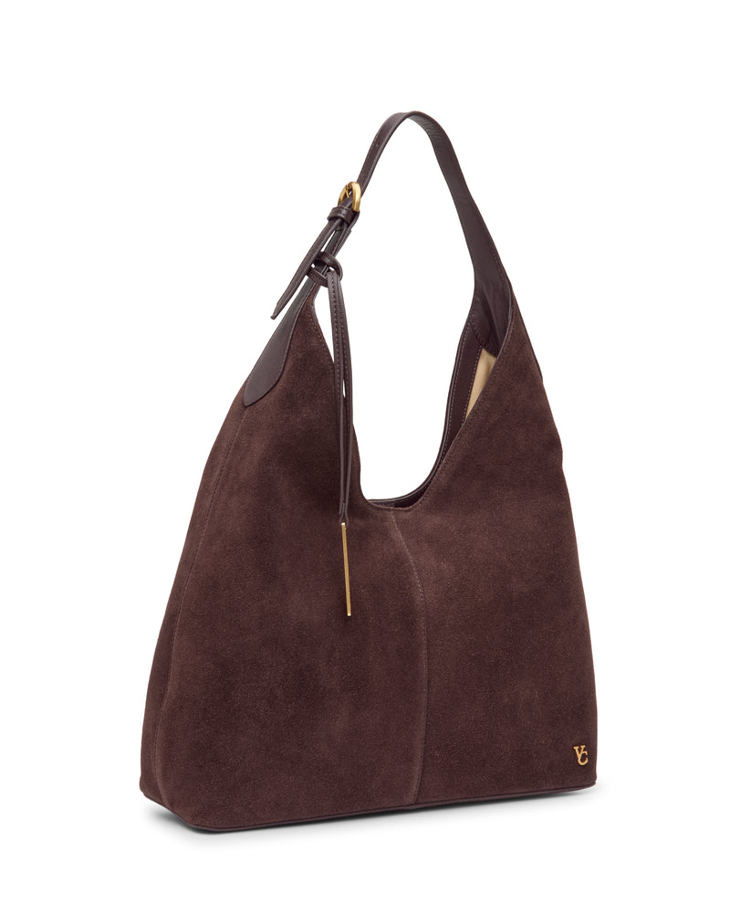 Sophisticated dark brown suede Aylla Hobo Bag by Vince Camuto with an adjustable shoulder strap and a small gold logo at the bottom corner.