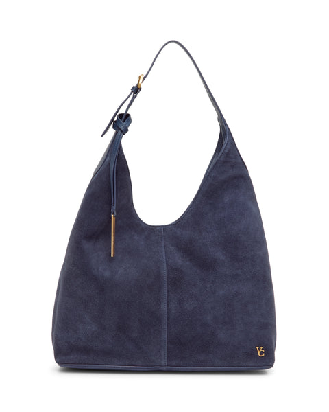 Sophisticated navy blue Vince Camuto Aylla Hobo Bag featuring an adjustable shoulder strap and a gold-tone metallic charm.