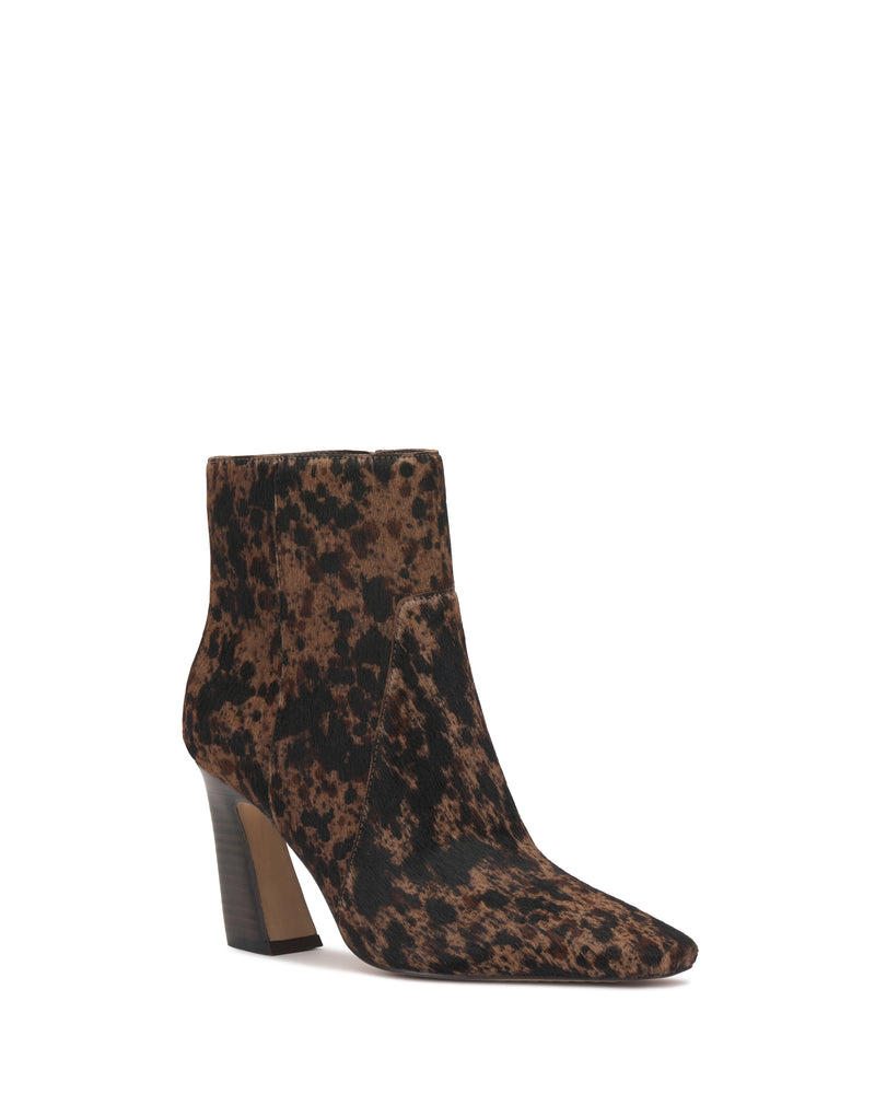 The Bayla Bootie by Vince Camuto features a brown and black animal print, a pointed toe, and a high, stacked block heel, shown against a white background.