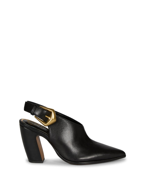 The Vince Camuto Baylez Buckled Mule is a black leather heeled slingback featuring a pointed toe, chunky heel, and side gold buckle detail.
