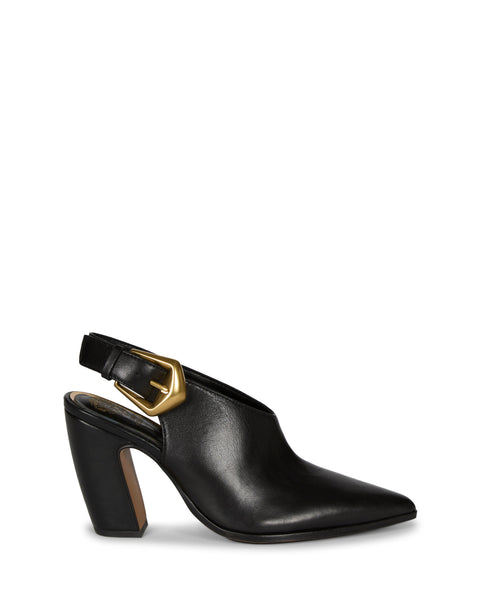 The Vince Camuto Baylez Buckled Mule features black leather, a pointed toe, thick curved high heel, and a gold-tone buckle on its slingback design. This modern, stylish shoe stands out against a plain white background.