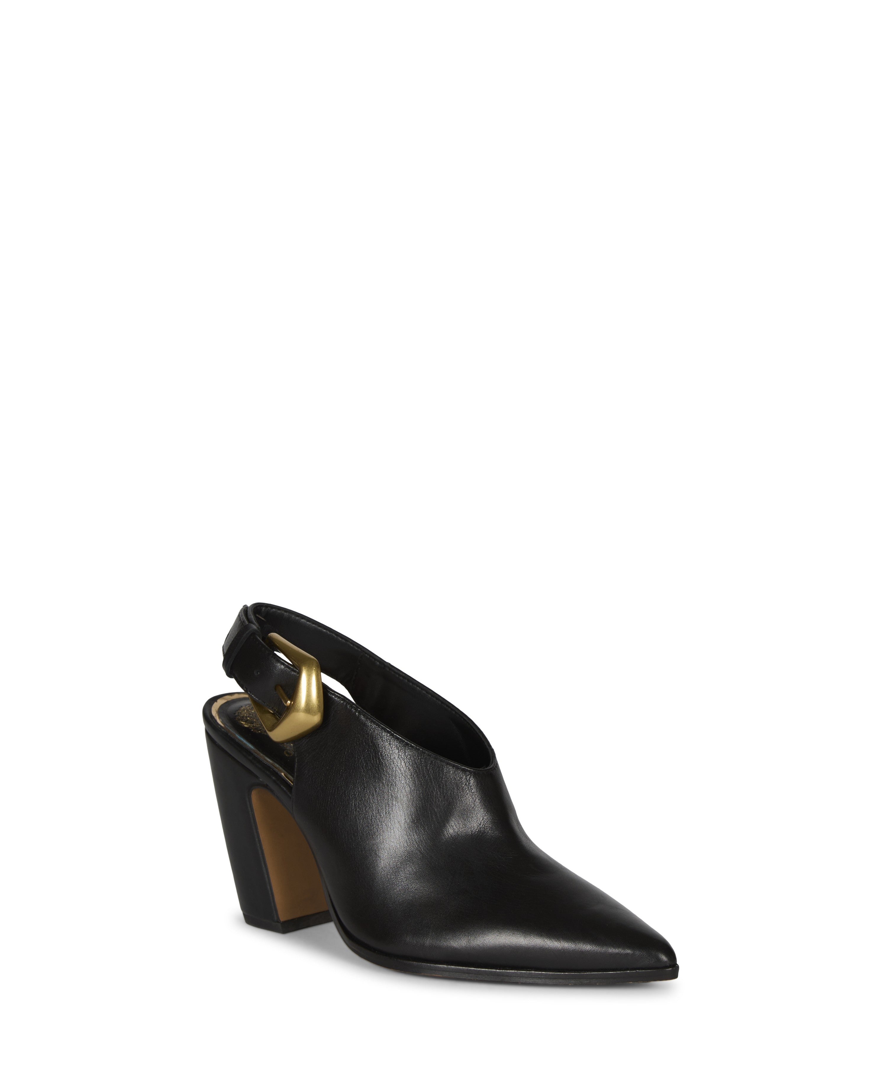 The Baylez Buckled Mule by Vince Camuto features black leather, a pointed toe, chunky block heel, gold buckle detail on the strap, and a tan insole.