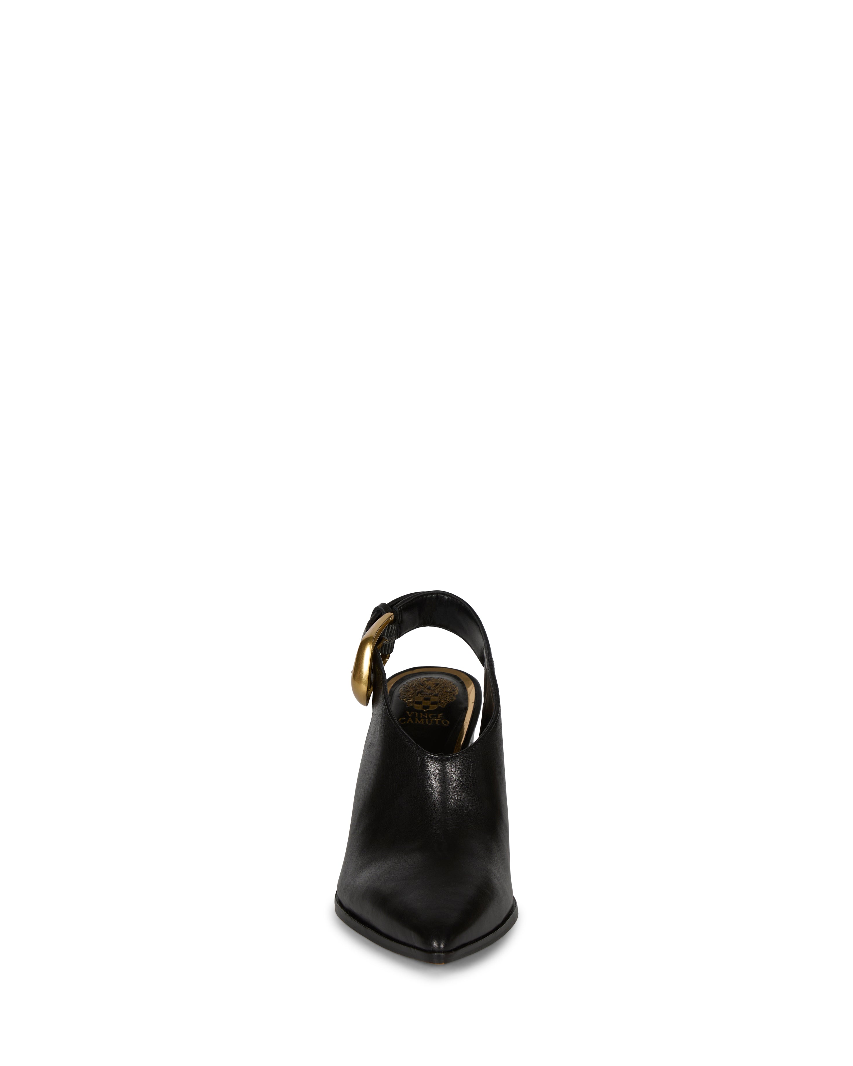 Front view of the Vince Camuto Baylez Buckled Mule in black leather, featuring a pointed toe, strap with large gold buckle, and branded insole, displayed against a white background.