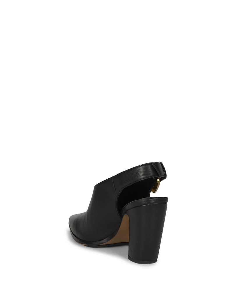 The Vince Camuto Baylez Buckled Mule features black leather, an open heel, a thick high block heel, and a gold buckle detail on the back strap, as seen from the rear view.