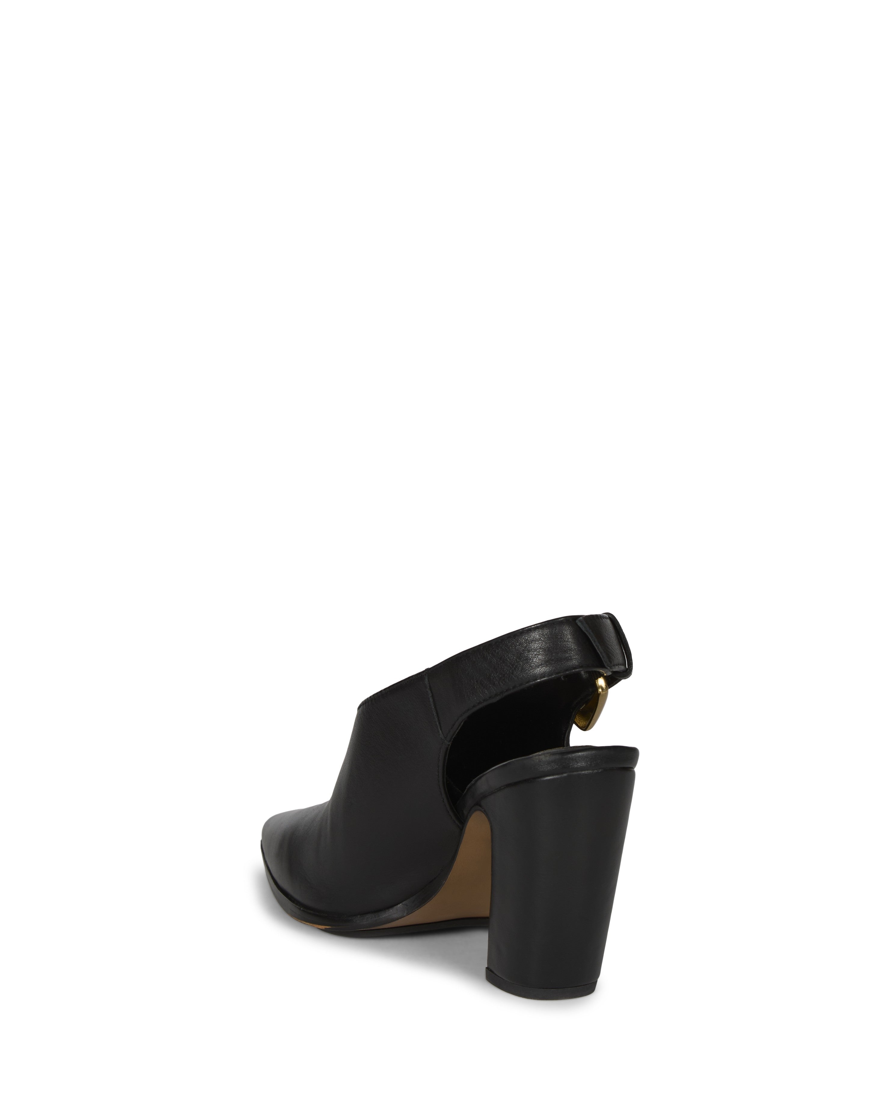 The Vince Camuto Baylez Buckled Mule, a black leather shoe with a closed pointed toe, open back, and chic high heel, is displayed from the rear on a white background.