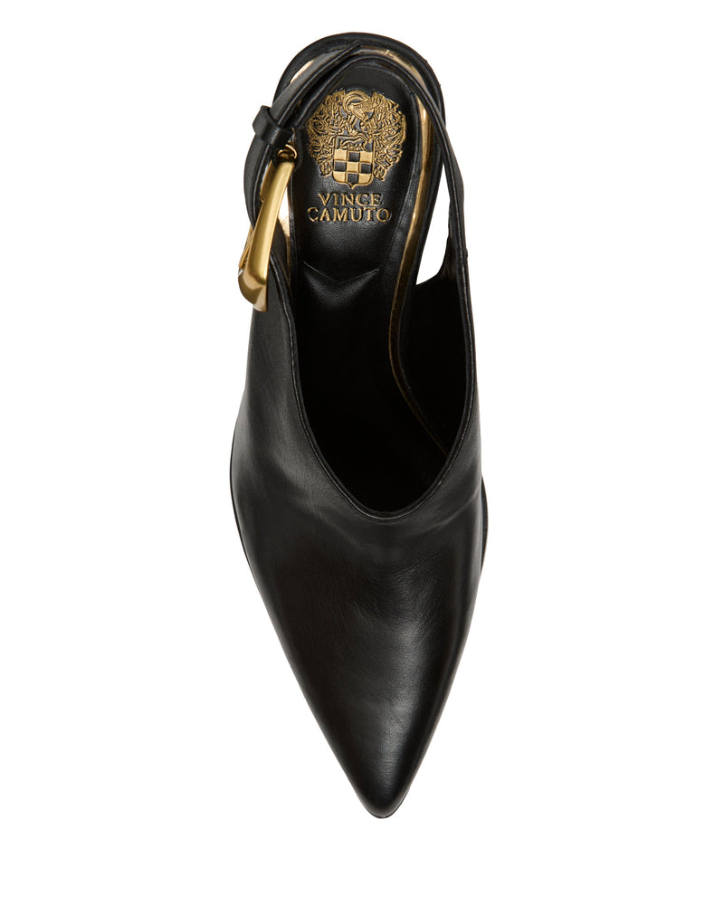The Vince Camuto Baylez Buckled Mule is a black high-heel pointed-toe slingback, featuring a gold buckle and gold embossed logo on the insole, shown from above on a white background.