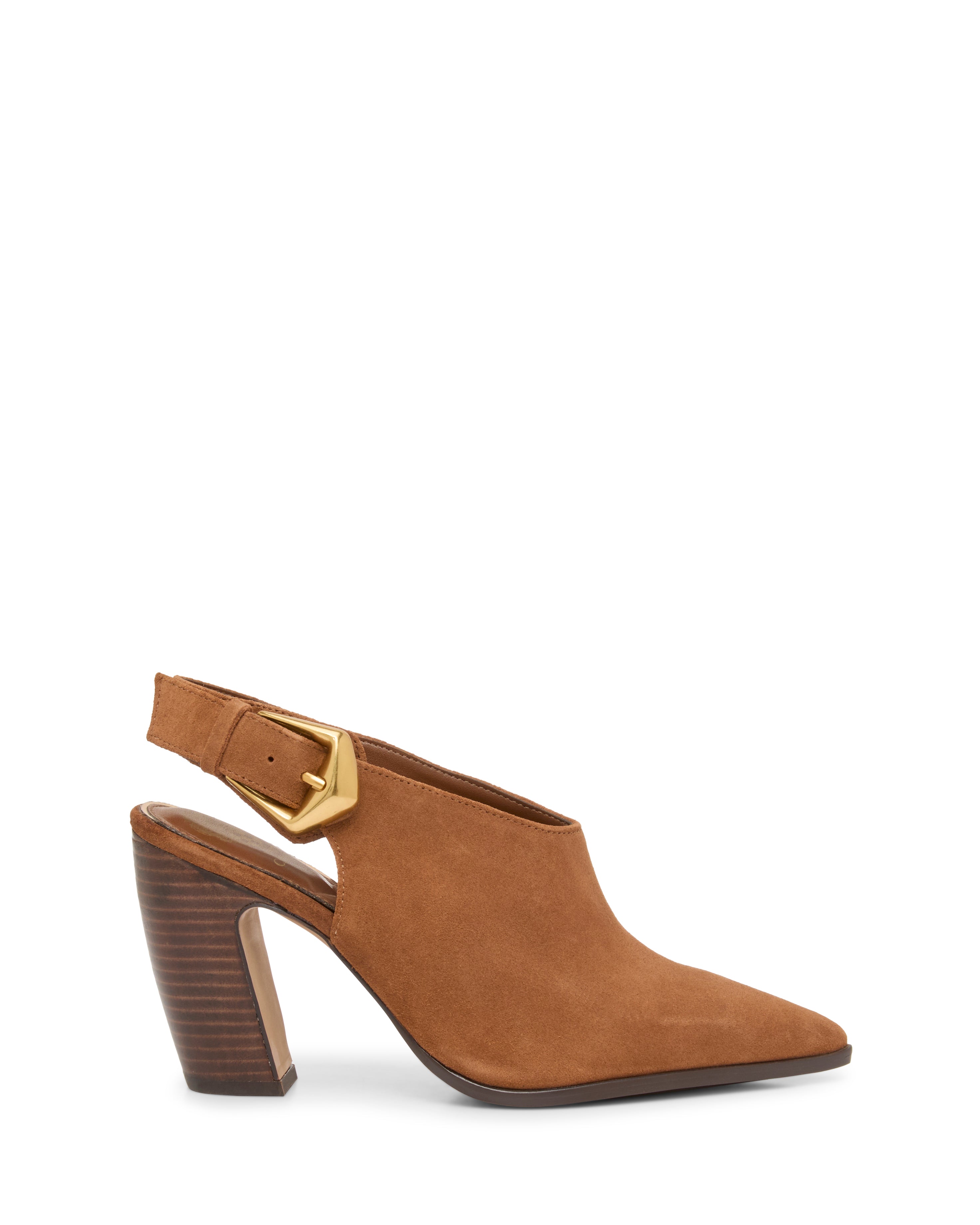 The Vince Camuto Baylez Buckled Mule features brown suede, a pointed toe, chunky stacked wood heel, and an adjustable strap with a gold-tone buckle.
