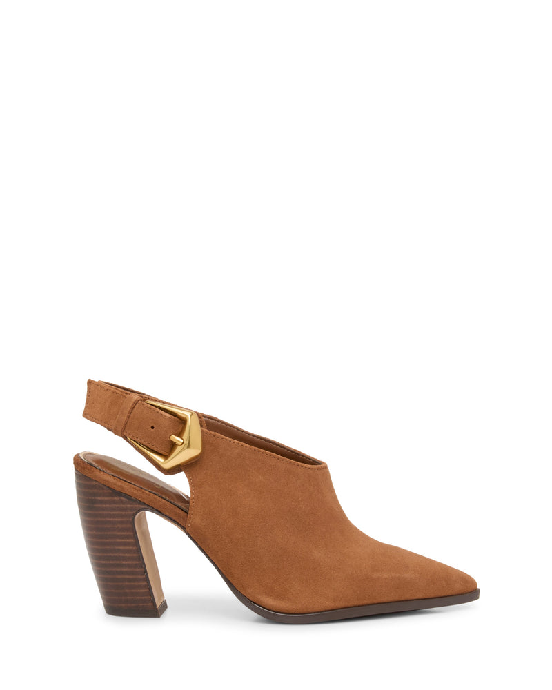 The Vince Camuto Baylez Buckled Mule features brown suede, a pointed toe, chunky stacked wood heel, and an adjustable strap with a gold-tone buckle.