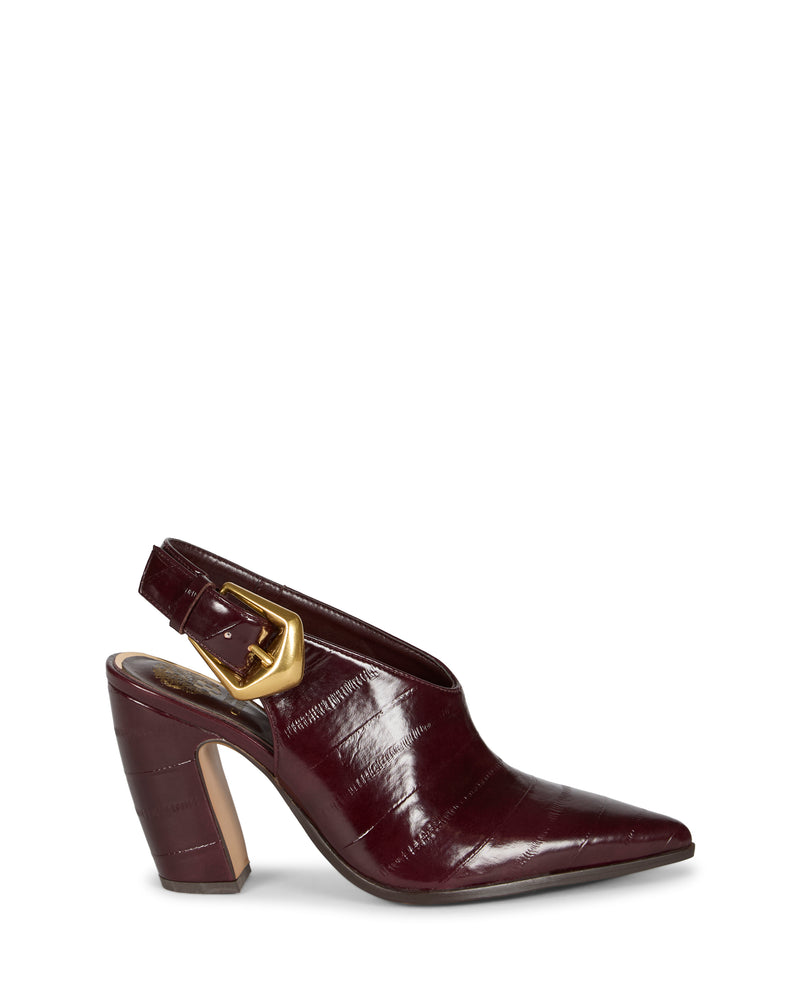 The Vince Camuto Baylez Buckled Mule is a burgundy, pointed-toe slingback with a textured finish, chunky mid heel, and a bold gold side buckle.