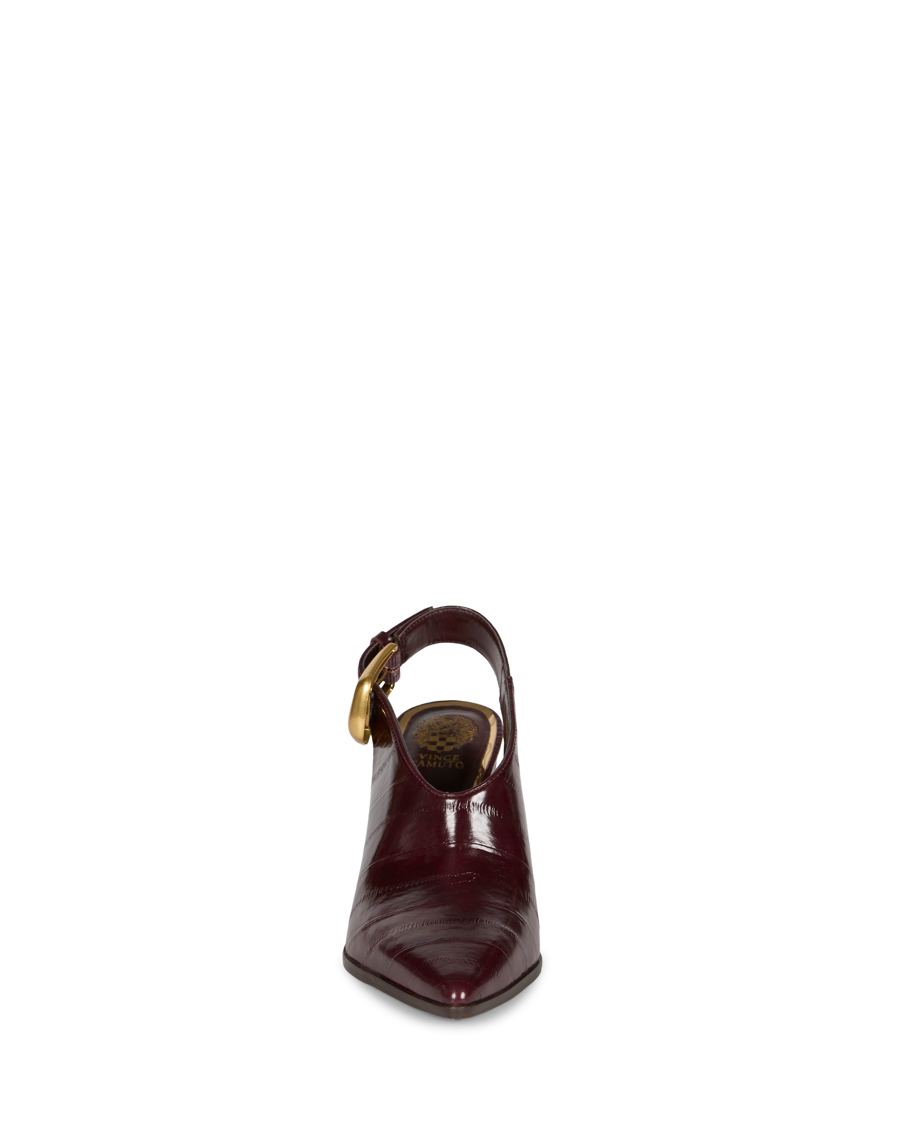 Front view of the Vince Camuto Baylez Buckled Mule in dark burgundy, featuring a pointed toe and a gold side buckle, displayed against a white background.