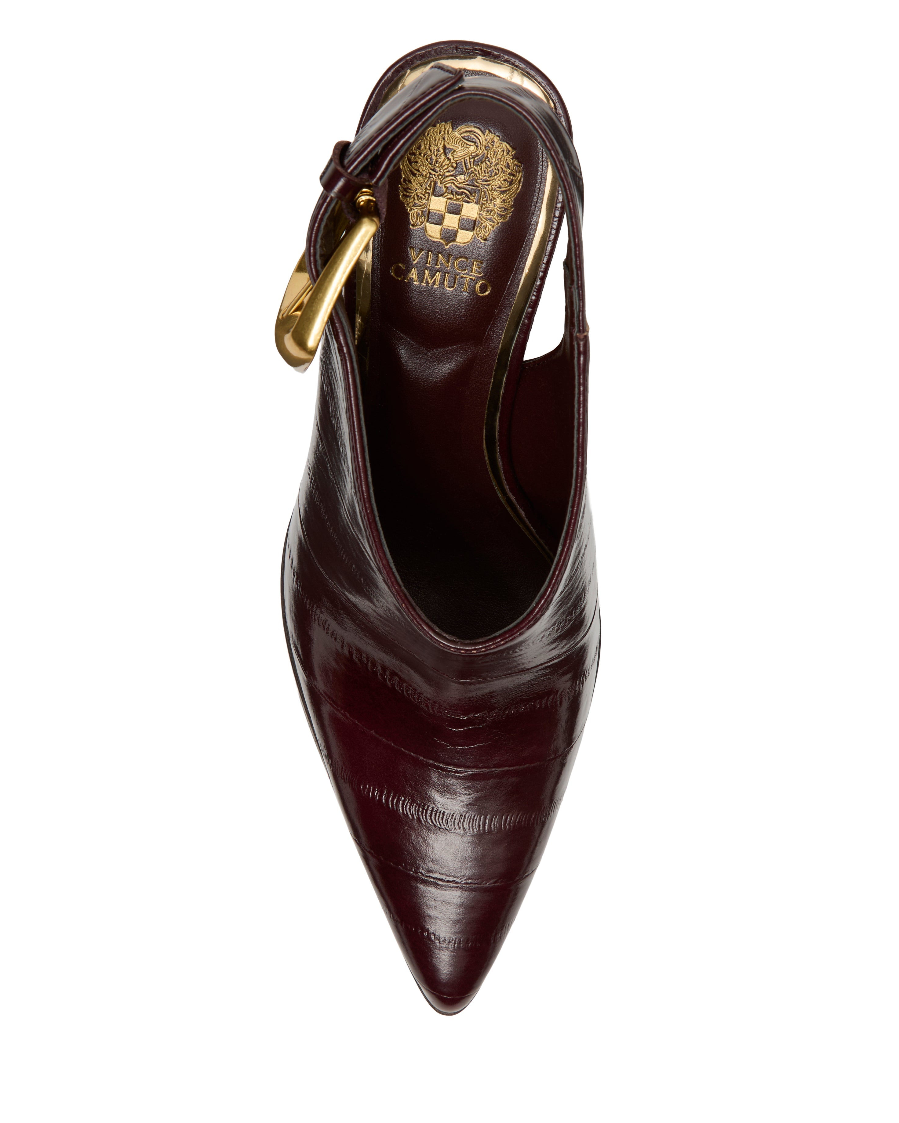 A top view of the Vince Camuto Baylez Buckled Mule shows a burgundy pointed-toe shoe with a gold buckle, branded insole, high heel, and glossy textured leather finish for an elegant look.