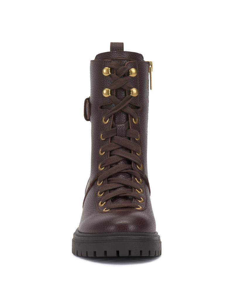 Front view of the Vince Camuto Becinda Moto Bootie—a dark brown leather lace-up boot featuring gold eyelets, a side zipper, and a thick, rugged black sole.