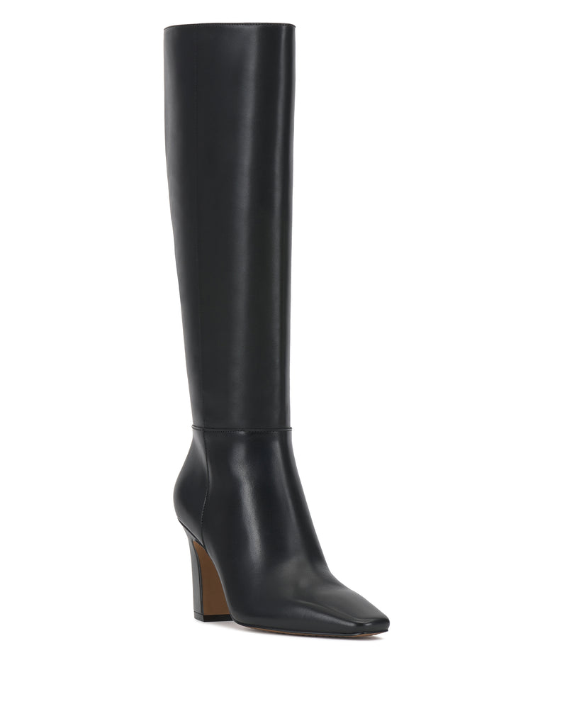 The Bennidy Narrow Calf Knee High Boot by Vince Camuto is a tall, black leather boot featuring a pointed toe and a block heel, shown against a white background.