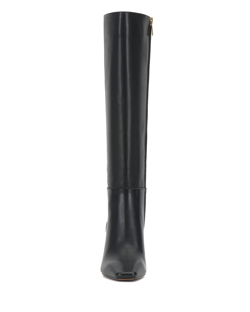Front view of the Vince Camuto Bennidy Narrow Calf Knee High Boot in black leather, featuring a slight heel and a side zipper.