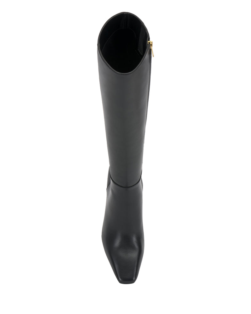 A top-down view of the Vince Camuto Bennidy Narrow Calf Knee High Boot in black, featuring a square toe and a gold side zipper, set against a white background.