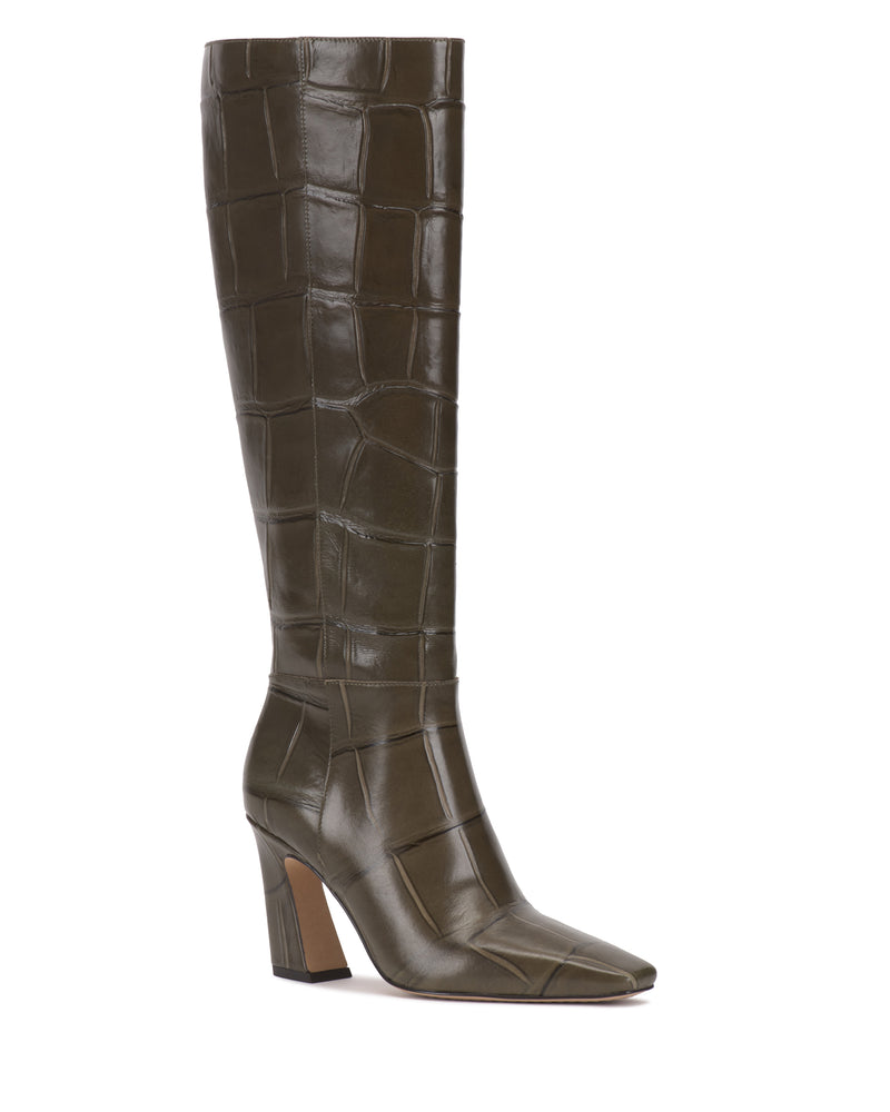 The Bennidy Narrow Calf Knee High Boot by Vince Camuto is a single, knee-high boot in olive green, featuring a block heel and a textured crocodile pattern. It boasts a pointed toe and a sleek, modern design.