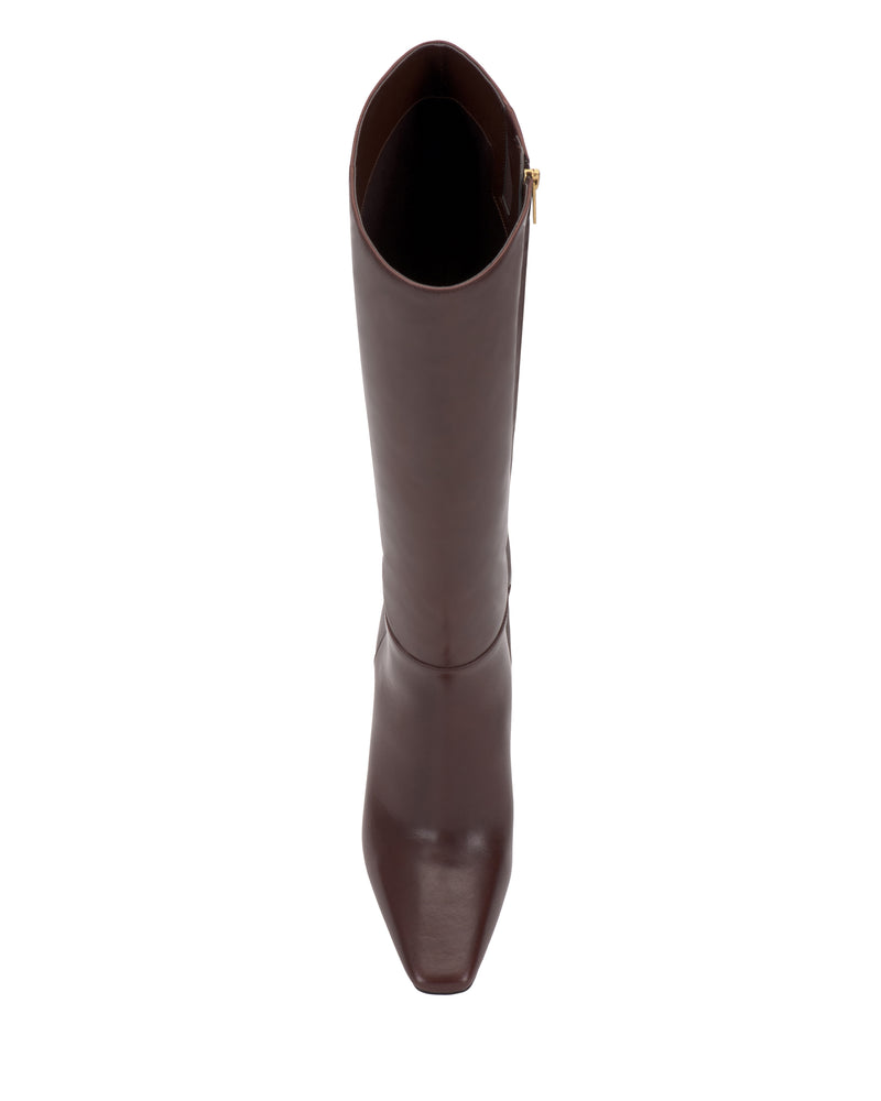 A single Vince Camuto Bennidy Wide Calf Knee High Boot in brown, featuring a square toe and stylish block heel, viewed from above and isolated on a white background—an essential wardrobe staple.