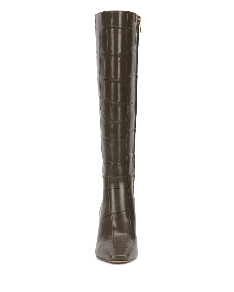 Front view of the Bennidy Extra Wide Calf Knee High Boot by Vince Camuto, featuring tall, dark brown crocodile-embossed leather, a side zipper, square toe, and a stylish block heel—an essential wardrobe staple.