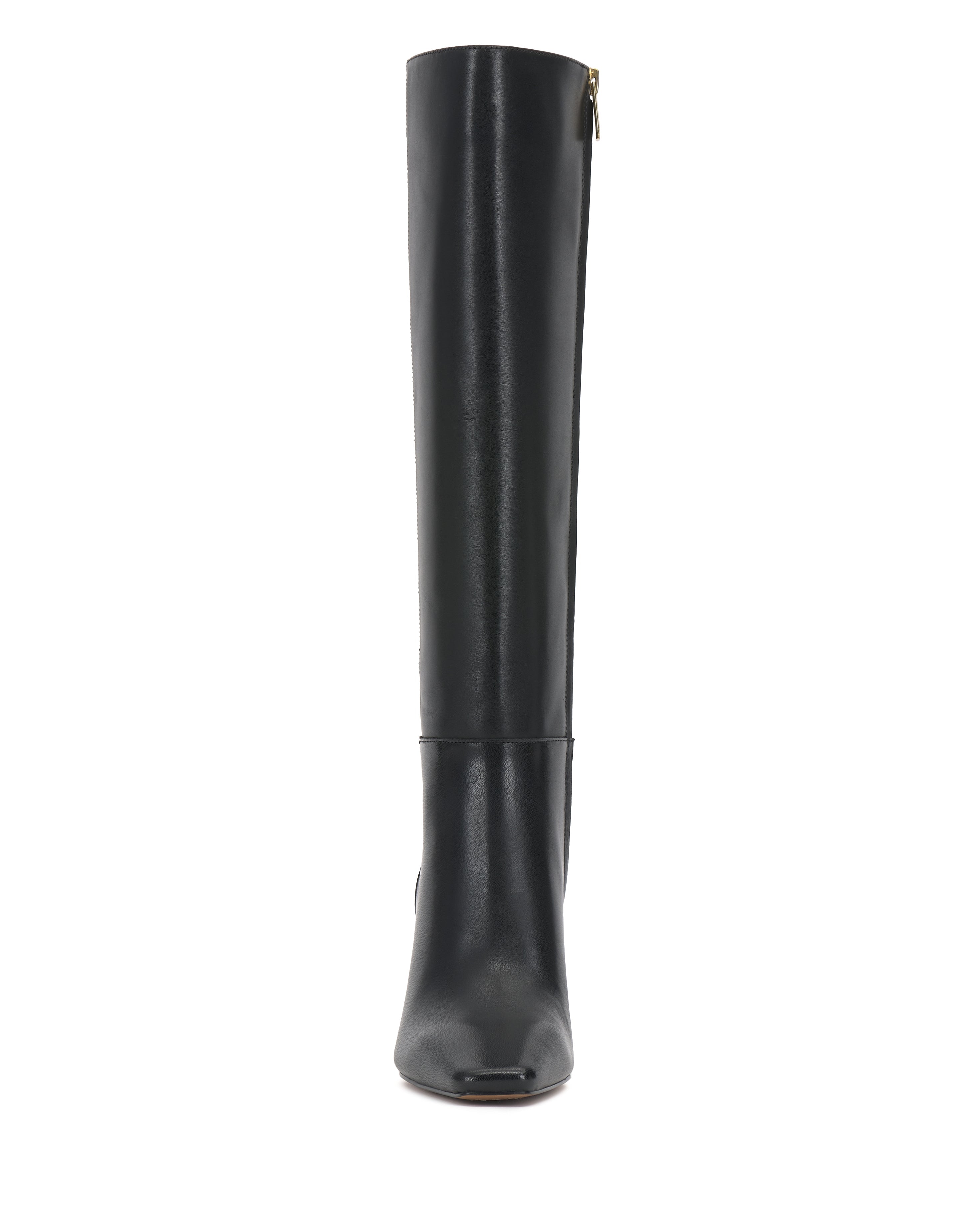 Front view of the Vince Camuto Bennidy Knee High Boot in tall black leather, featuring a rounded toe, block heel, and side zipper—an essential wardrobe staple.