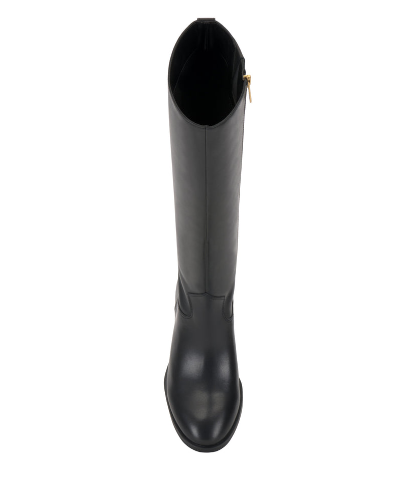 Top view of the Vince Camuto Bercla Narrow Calf Knee High Riding Boot in black, featuring a rounded toe, side zipper, and subtle western styling, displayed on a white background.