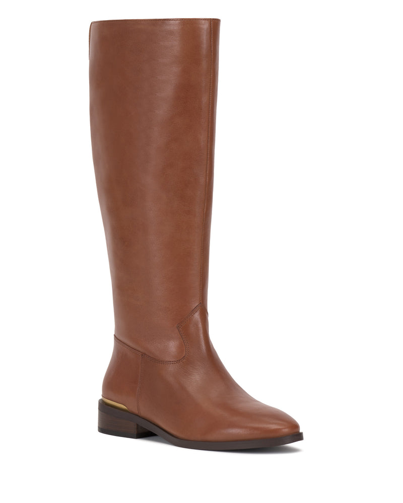 The Vince Camuto Bercla Narrow Calf Knee High Riding Boot is a brown leather western-style boot with a low block heel and slightly rounded toe, shown singly on a white background.