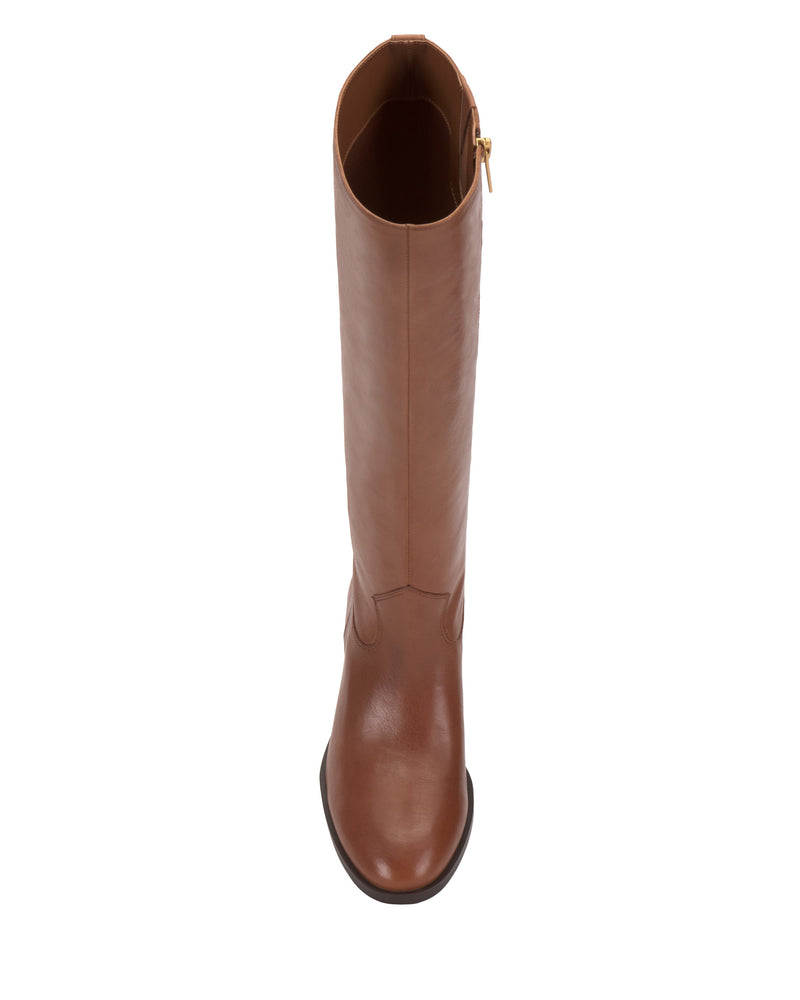 Top view of the Vince Camuto Bercla Narrow Calf Knee High Riding Boot in brown leather with a side zipper, displayed on a white background.