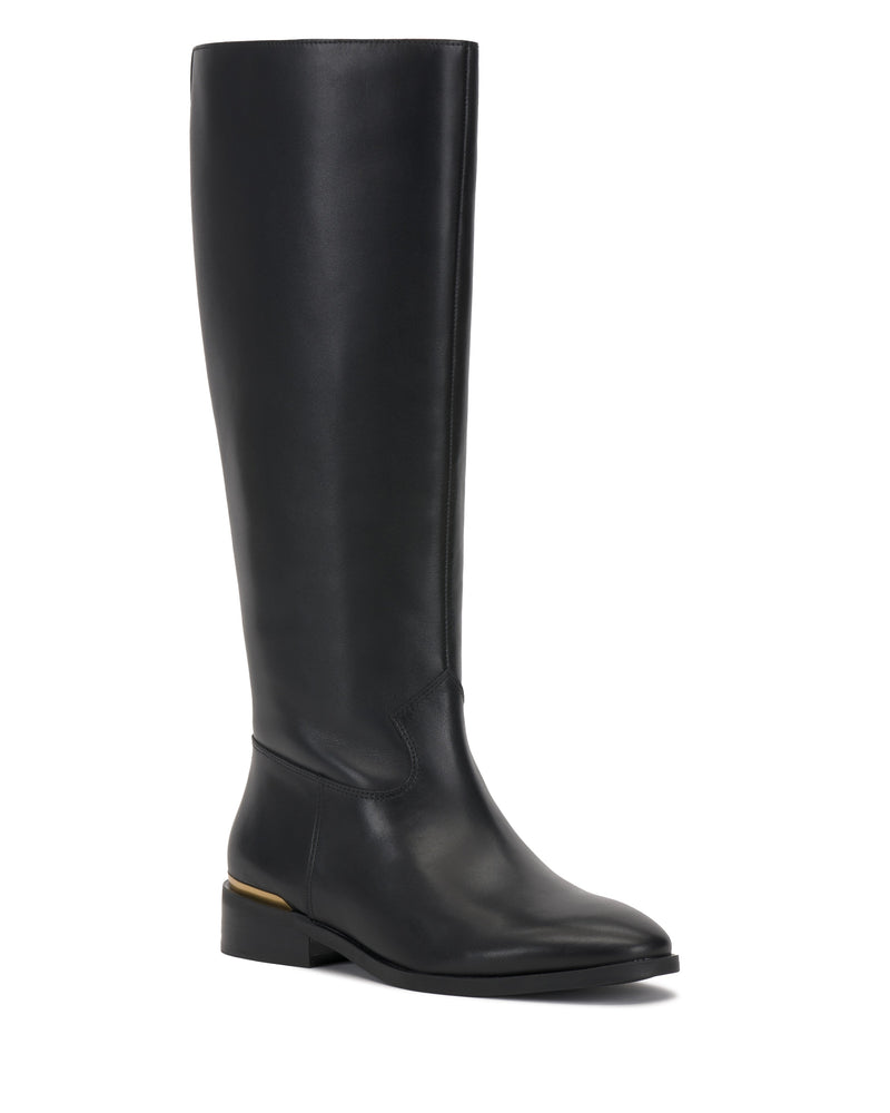 The Vince Camuto Bercla Wide Calf Knee High Riding Boot features a tall black silhouette with a low heel, rounded toe, subtle gold accent at the back, and sleek minimalist design inspired by classic western style.