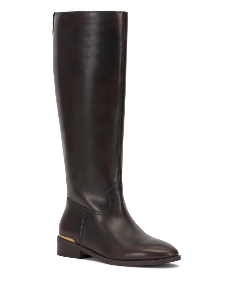The Vince Camuto Bercla Wide Calf Knee High Riding Boot is a tall, dark brown leather boot with western styling, a low block heel, and a subtle gold accent above the heel, shown on a white background.