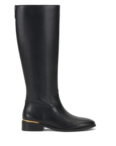 The Vince Camuto Bercla Extra Wide Calf Knee High Riding Boot is a tall black leather boot with a low block heel and a subtle gold accent near the heel, shown in side profile against a white background.