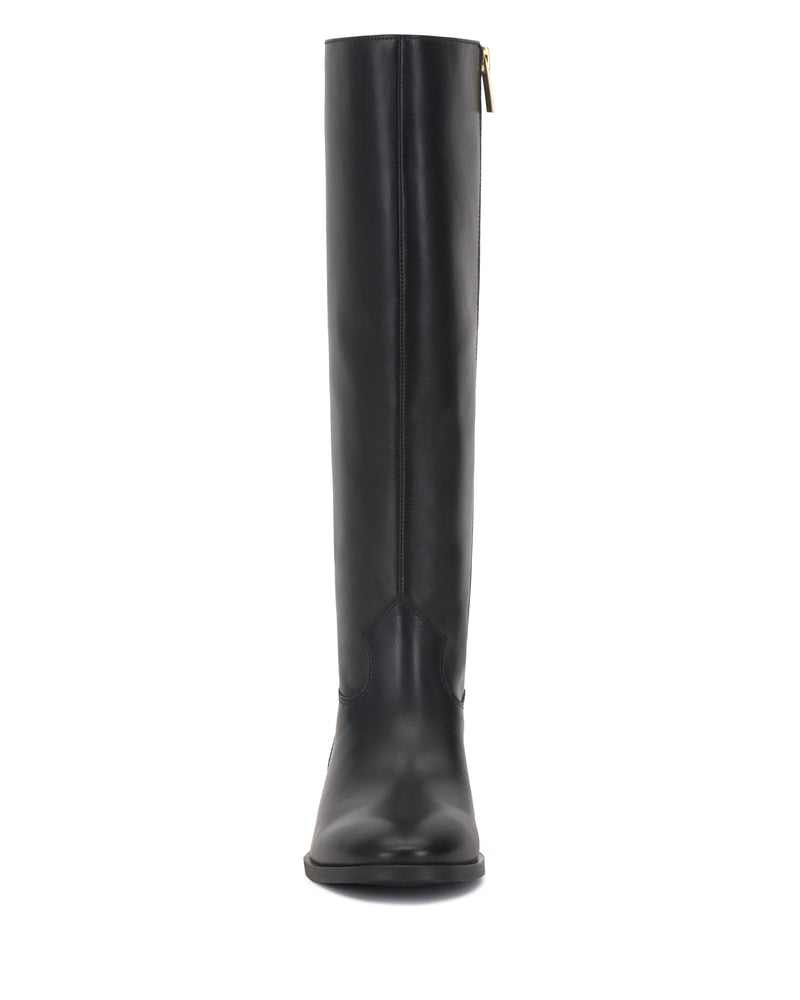 Front view of the Vince Camuto Bercla Extra Wide Calf Knee High Riding Boot, in black leather, featuring a rounded toe and top side zipper.
