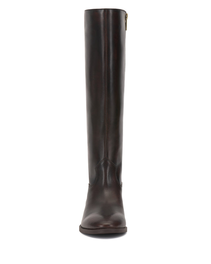 Front view of the Vince Camuto Bercla Extra Wide Calf Knee High Riding Boot in dark brown, featuring a rounded toe, side zipper, minimal stitching, smooth polished finish, and subtle western-inspired design for a classic look.