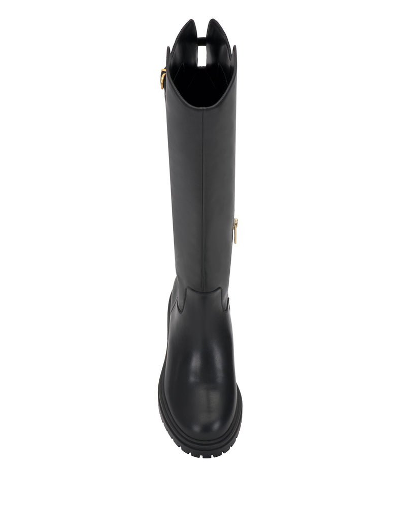 The Vince Camuto Bertla Knee High Riding Boot features a rounded toe, rugged sole, and side buckle detail, displayed from the front against a white background.