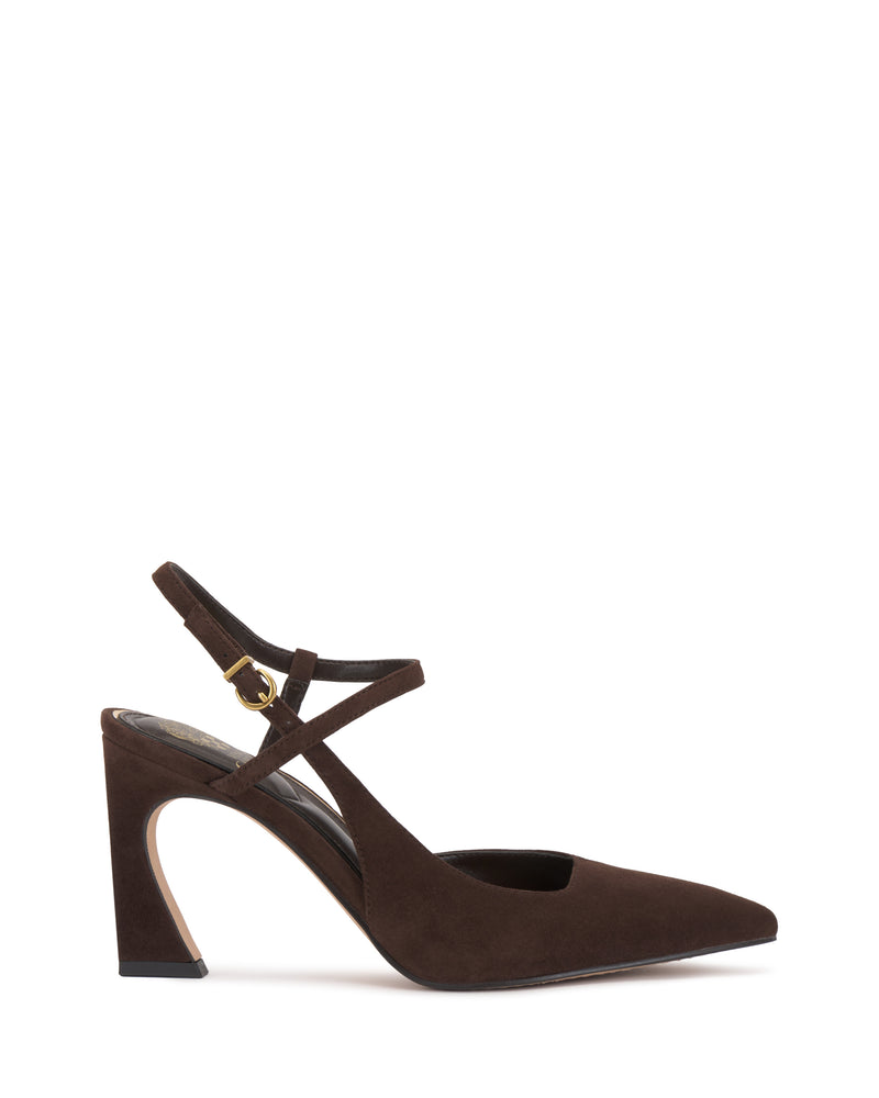 The Bevarin Pump by Vince Camuto features brown suede, a pointed toe, cut-out detailing, an ankle strap with a gold buckle, and a uniquely arched high heel.