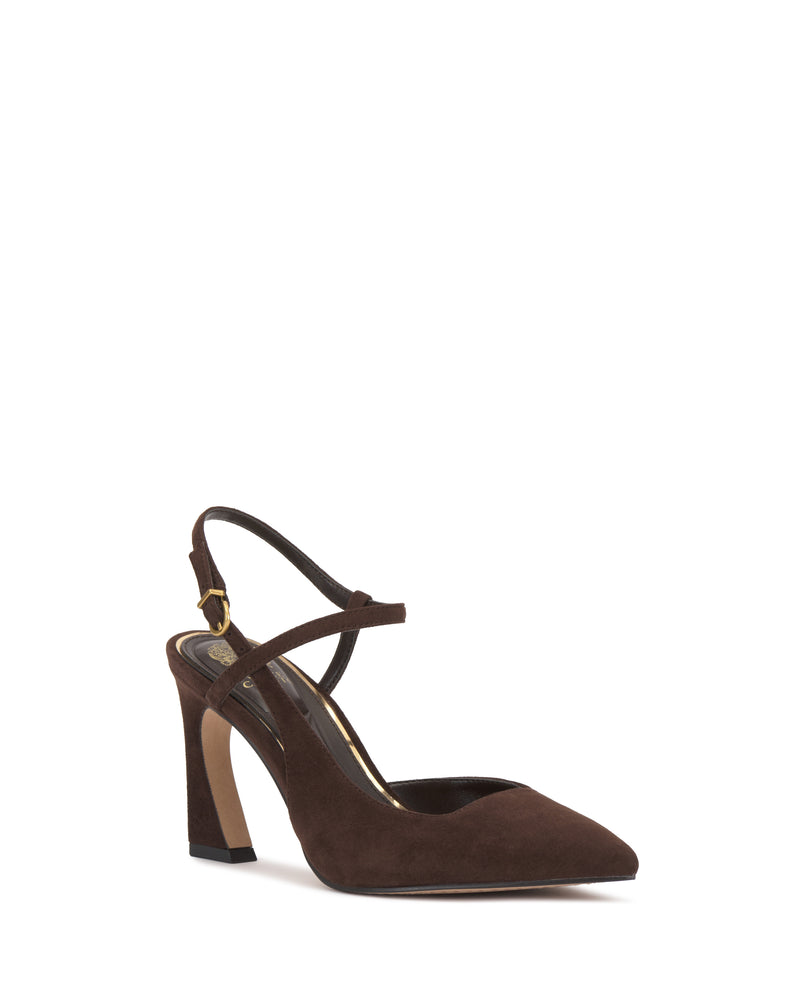The Vince Camuto Bevarin Pump is a brown suede high-heeled shoe with a pointed toe, slingback strap with gold buckle, and block heel, displayed against a white background.