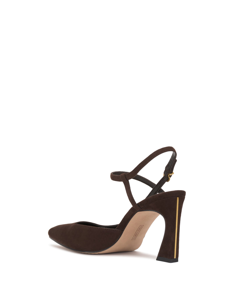 The Bevarin Pump by Vince Camuto is a brown suede high-heeled shoe featuring a pointed toe, ankle strap, and a gold accent on the back of the heel, displayed against a white background.