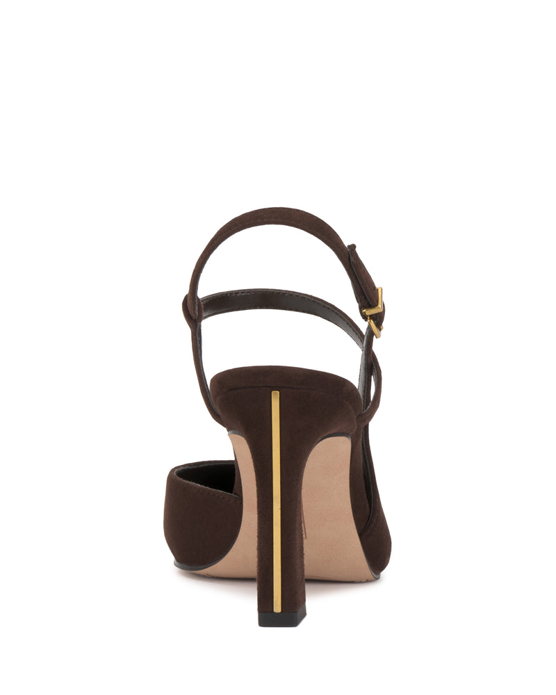 Rear view of the Vince Camuto Bevarin Pump—a brown suede high-heeled sandal featuring an ankle strap with a gold buckle, a beige sole, and a vertical gold accent along the back of the heel.