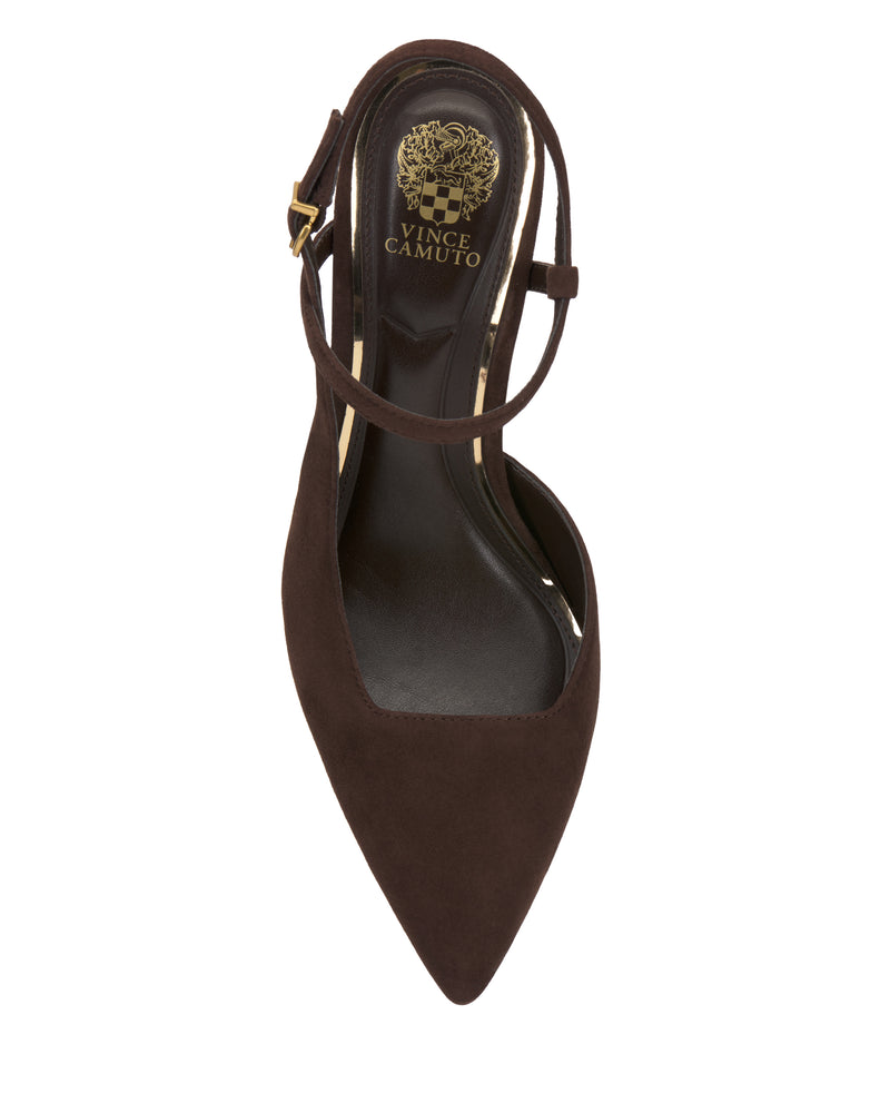 A brown Vince Camuto Bevarin Pump featuring a pointed toe, slingback buckle strap, and gold Vince Camuto logo printed on the insole, shown from a top-down view.