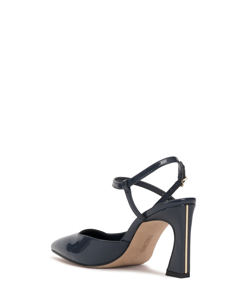 The Vince Camuto Bevarin Pump is a single navy blue patent leather high-heeled shoe featuring a pointed toe, ankle strap, and chunky block heel, shown on a white background.
