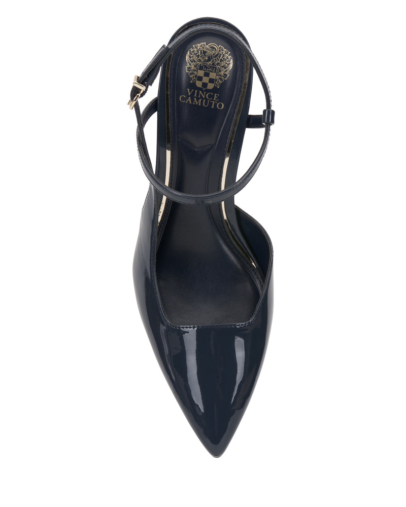 Top view of the Vince Camuto Bevarin Pump, a glossy black pointed-toe slingback heel with a thin ankle strap and gold buckle, featuring the Vince Camuto logo on the insole.