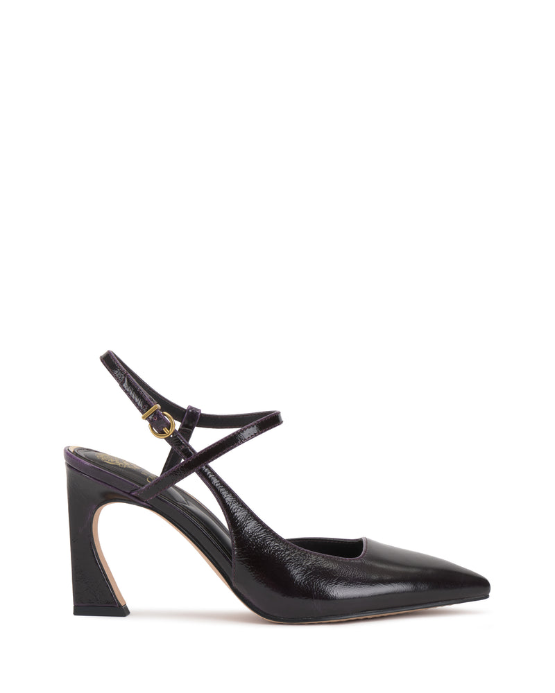 The Bevarin Pump by Vince Camuto is a black pointed-toe high heel with a slingback strap, side buckle, and a distinctive curved heel design, shown against a white background.