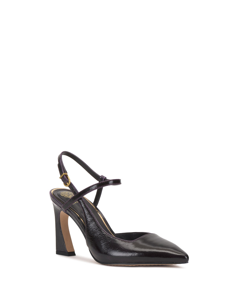 The Vince Camuto Bevarin Pump is a black leather slingback shoe featuring a pointed toe, high heel, and ankle strap, displayed on a white background.