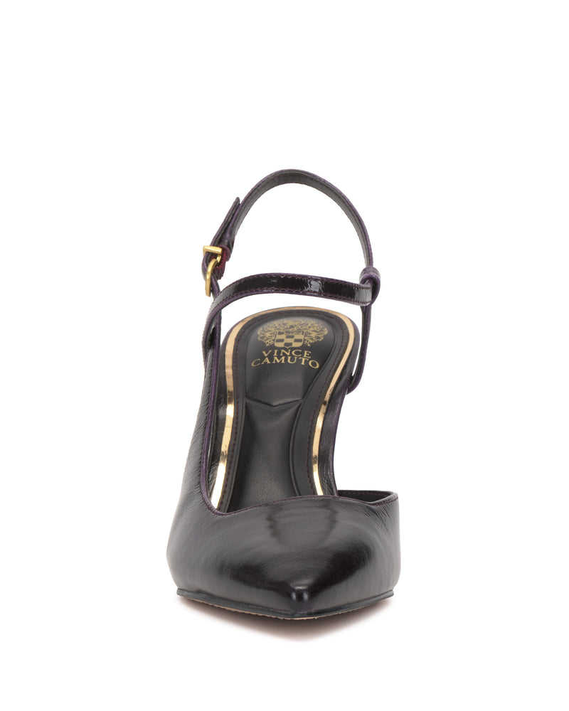 Front view of the Vince Camuto Bevarin Pump, a black high heel shoe featuring a pointed toe, an ankle strap with a buckle, and Vince Camuto branding on the insole.
