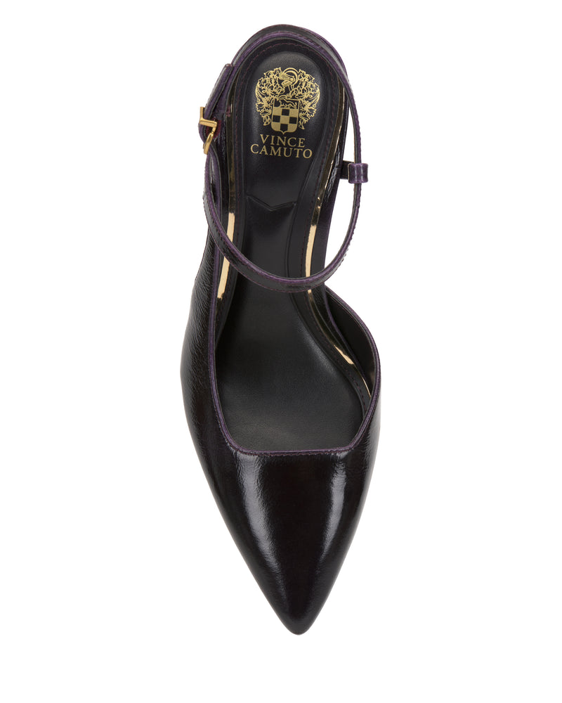 A black Vince Camuto Bevarin Pump women’s heel featuring a pointed toe, ankle strap, and gold logo on the insole, viewed from above against a white background.