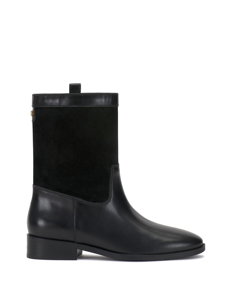 Introducing the Vince Camuto Bezzley Bootie—a simple and sleek black mid-calf boot featuring a low heel, leather lower section, suede upper, and a convenient pull tab at the top.