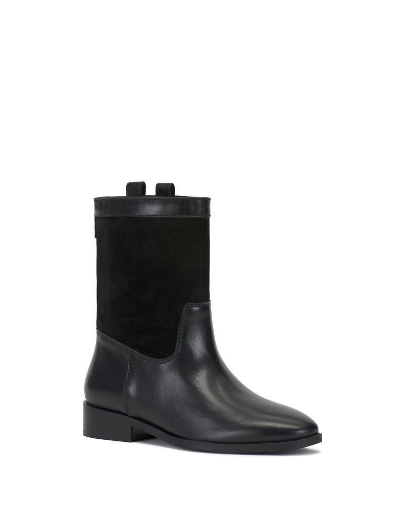 The Vince Camuto Bezzley Bootie is a black mid-calf boot featuring a low heel, a smooth leather lower section, a suede upper section, and two pull tabs at the top.