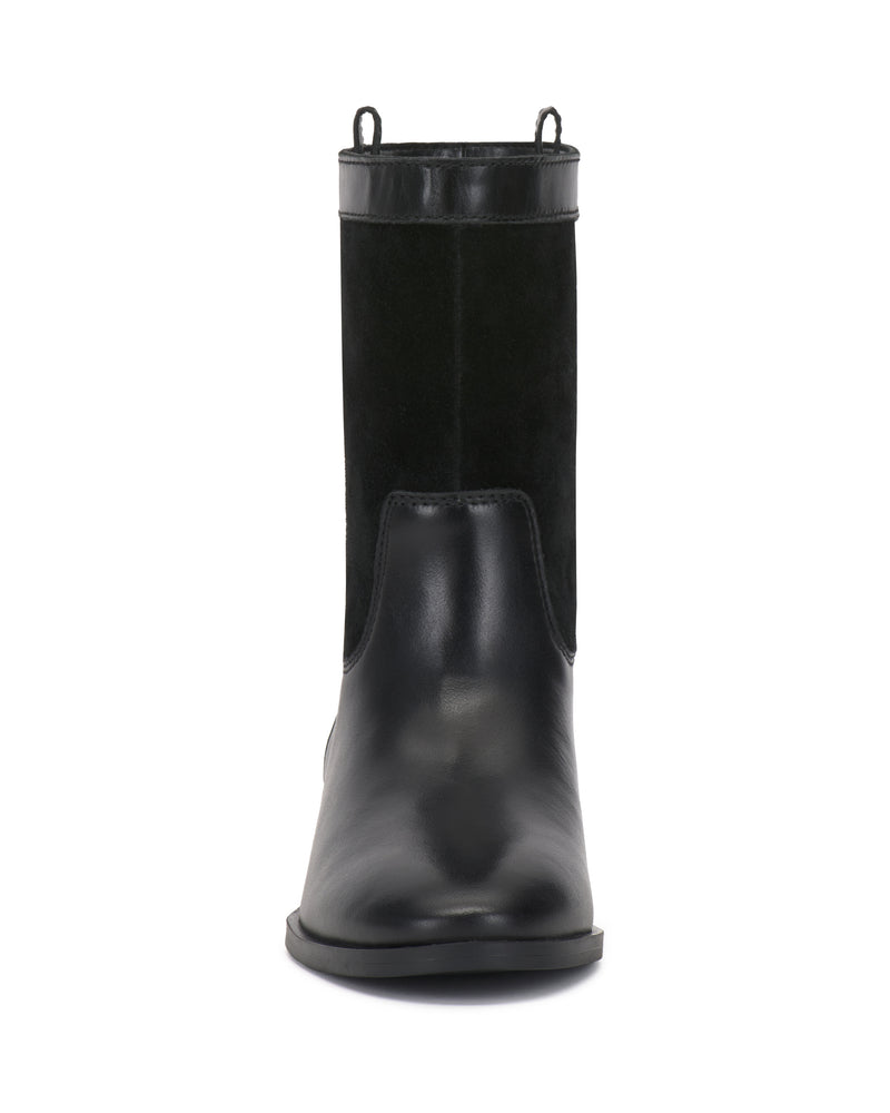 Front view of the Vince Camuto Bezzley Bootie in black, showcasing a mix of smooth leather and suede textures, with a round toe and pull tabs at the top.