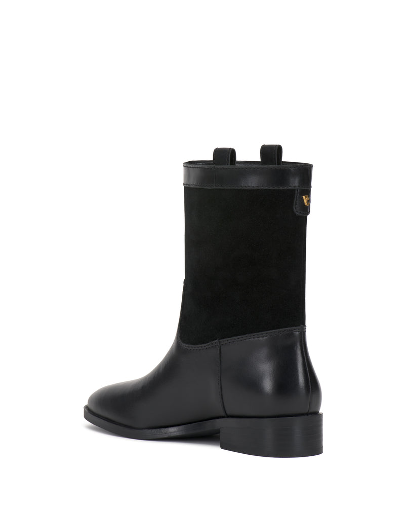 Introducing the Vince Camuto Bezzley Bootie—a black mid-calf boot crafted with a mix of smooth leather and suede textures. This style features pull tabs at the top, a comfortable low heel, and is finished with a subtle gold accent near the upper edge.