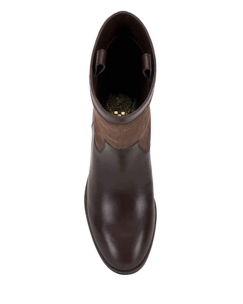 Top view of the Vince Camuto Bezzley Bootie, a brown leather boot featuring a rounded toe and a darker upper section, displayed on a white background.