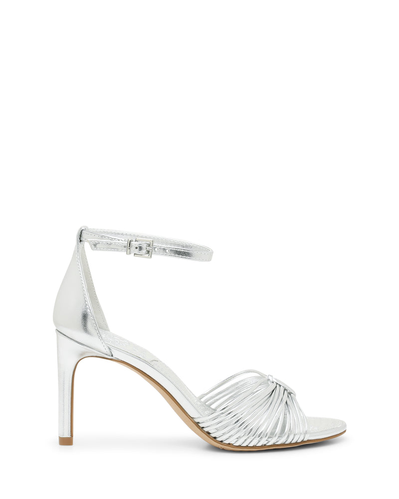 Blaine Sandal in silver reptile-embossed leather, featuring a strappy high-heeled design with an ankle strap and buckle closure.